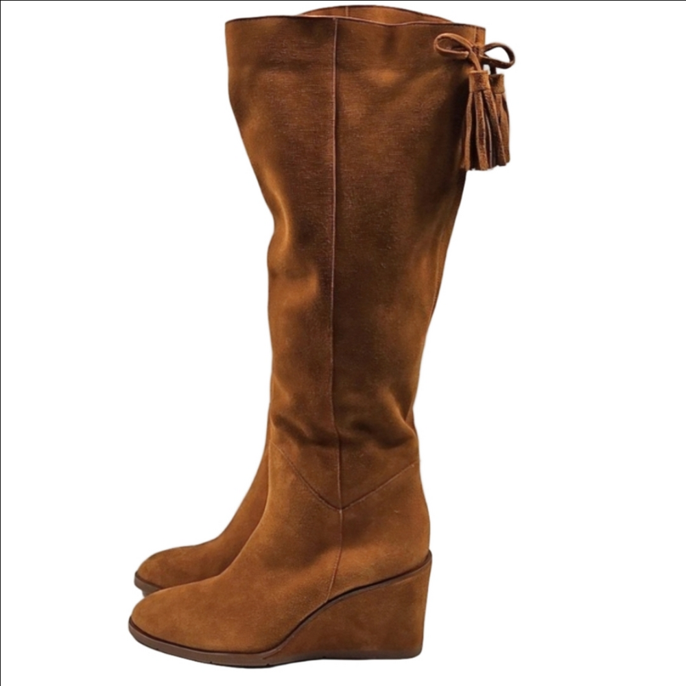 Antonio Melani Maesyn Suede Leather Cognac Brown Tassel Knee High Wedge Boot